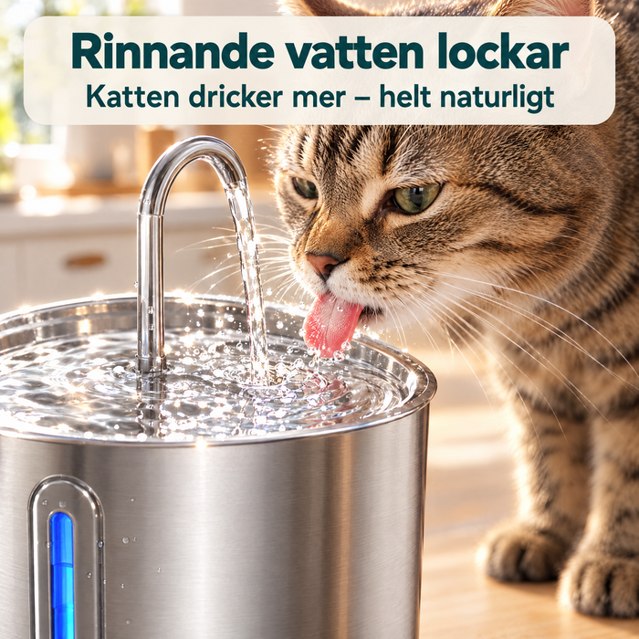 Rinnande vatten lockar katten att dricka mer